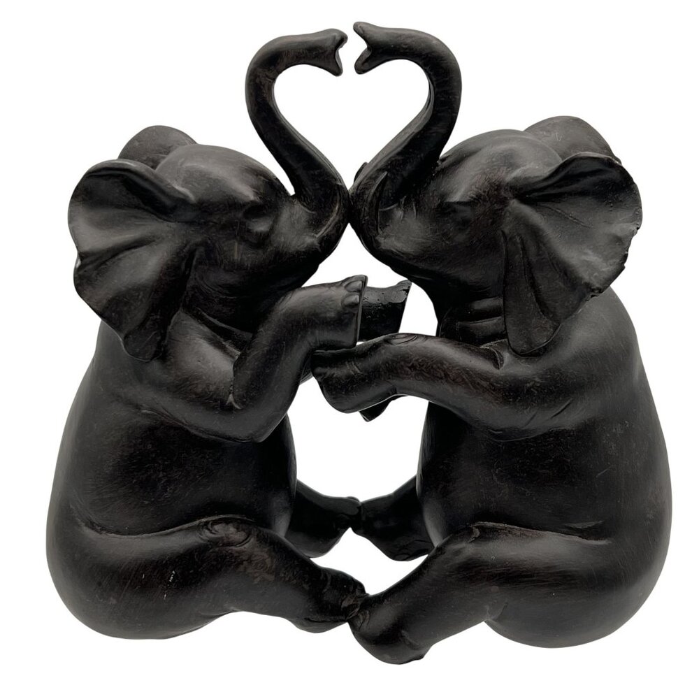 Black Elephant Love Couple Resin Art Deco 6.5" Tall 6.5" Wide Artsy Heart Trunks